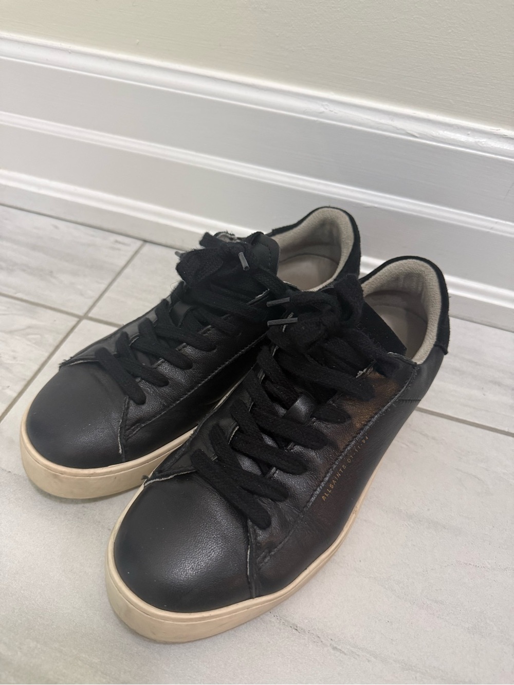 All Saints Black Leather Low-Top Sneakers with Cream Sole